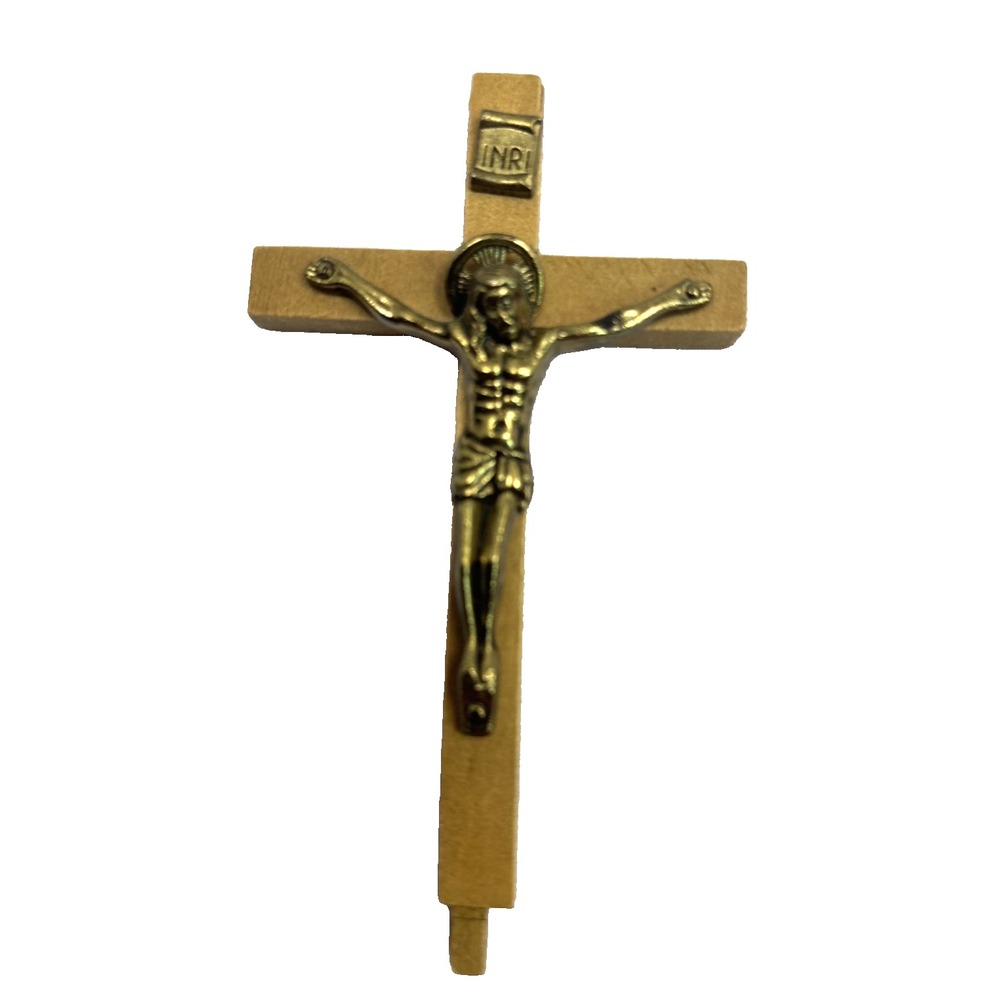 Vtg Wooden Metal Crucifix 4.25" Wood & Brass INRI Religion Church Sacred Heart